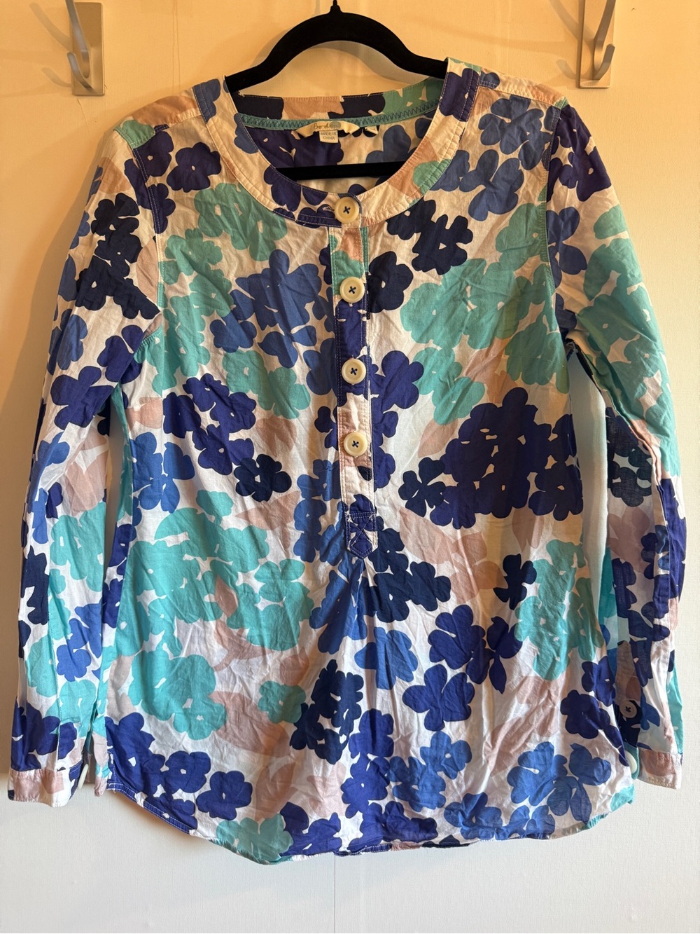 Boden Floral Cotton Blouse UK 14 US 10 Blue White Button Long Sleeve Top